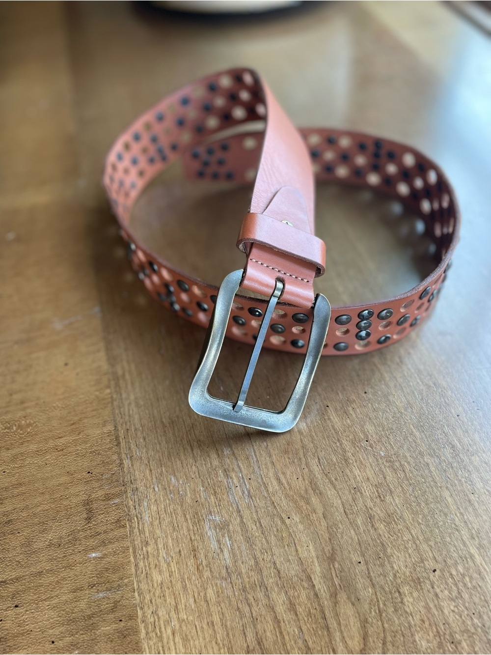 Will Leather Goods Tan Studded Leather Belt with Brushed Metal Buckle